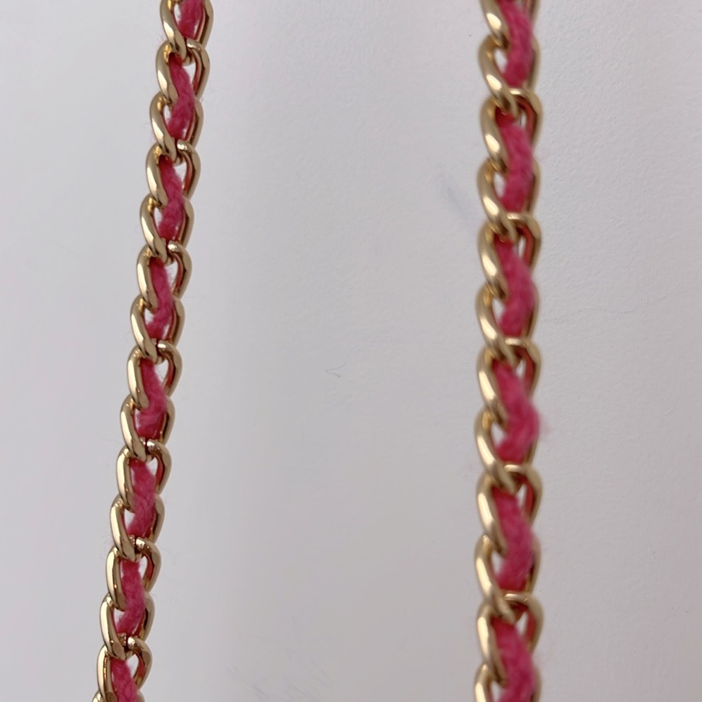 Pink & White Soft Crochet Colorblock Shoulder Bag with Gold Chain - Picture 10 of 10